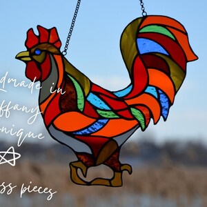 Stained glass window hanging Rooster suncatcher Stained glass art Garden decor Mother's day gift Window hanging Glass decor Art glass image 4