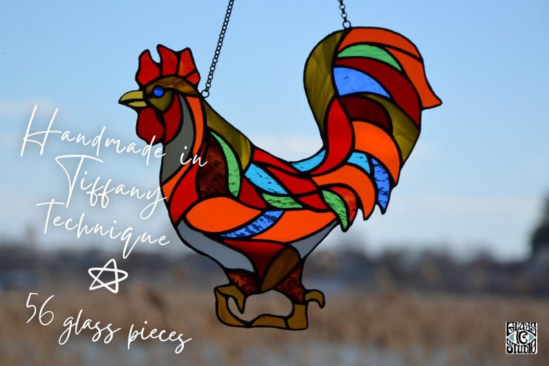 Stained glass window hanging Rooster suncatcher Stained glass art Garden decor Mother's day gift Window hanging Glass decor Art glass image 4