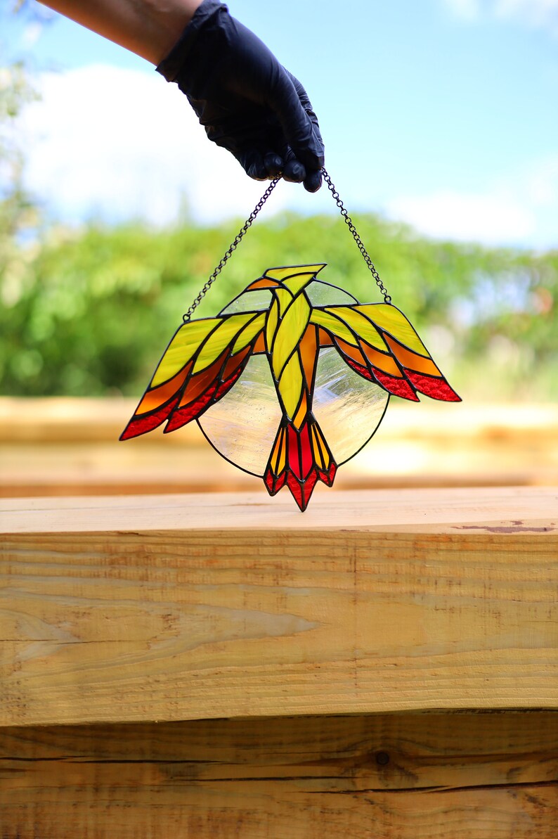 Thunderbird Stained glass suncatcher Gift for him Window hanging Bird suncatcher Mythical bird Stain glass decor Leaded lights Outdoor decor image 2