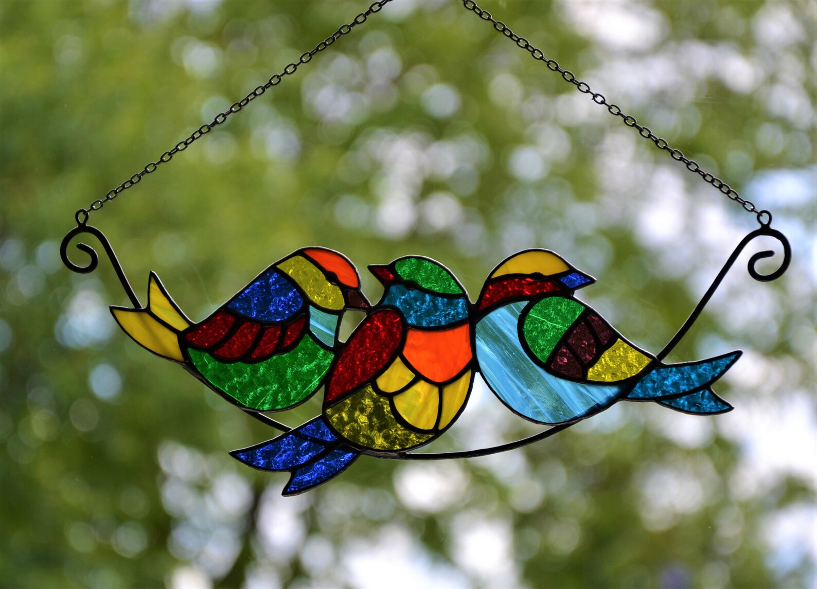 Birds on a branch suncatcher Stained glass window hanging Etsy