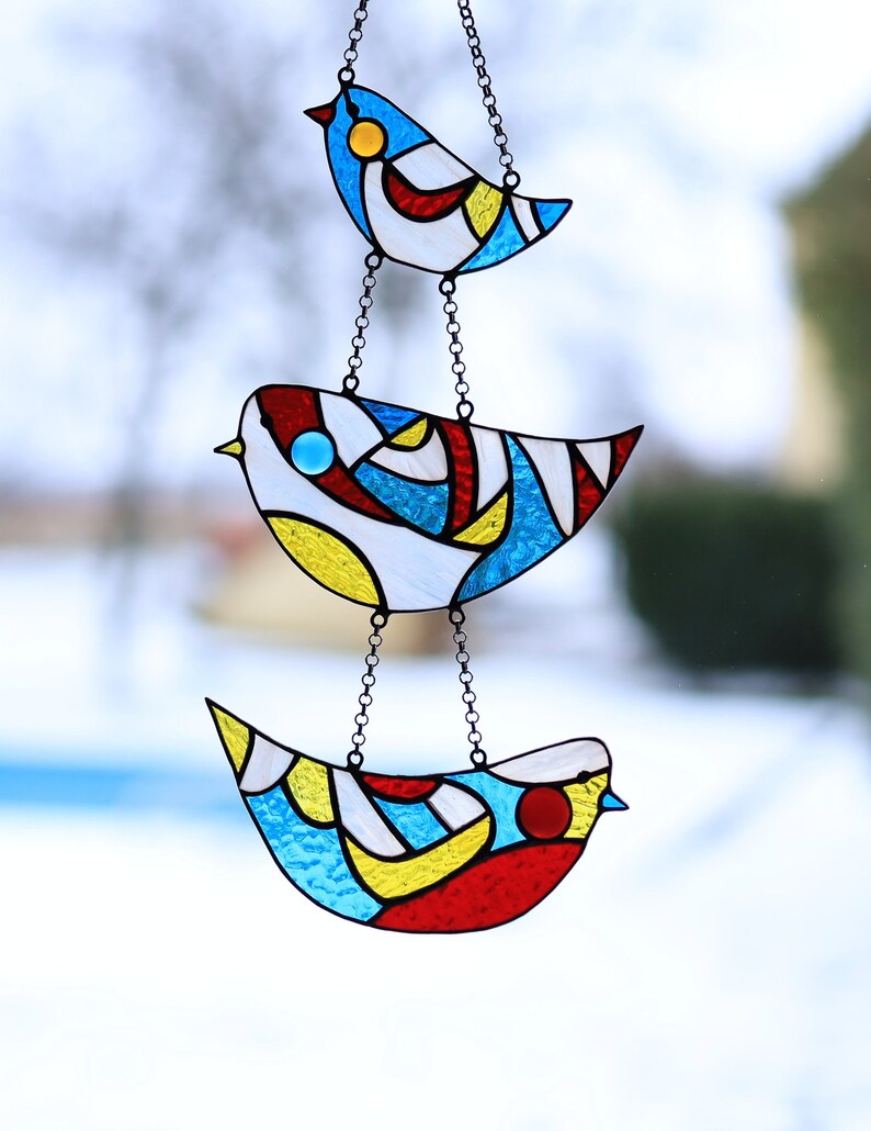 Bunt Glas Vögel Fenster hängende Suncatcher Bleiverglasung Lebendige Glasmalerei Hängedekor Mehrfarbiges Glas Vögel Küchendekor Bild 6