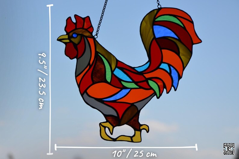 Stained glass window hanging Rooster suncatcher Stained glass art Garden decor Mother's day gift Window hanging Glass decor Art glass image 2