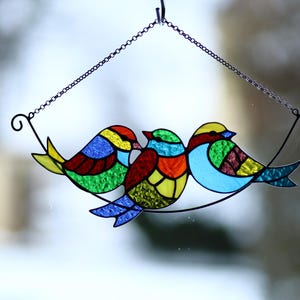 Three birds on a branch Stained glass suncatcher Handcrafted gift Glass window hanging Multicolor birds Wall decor Garden decoration