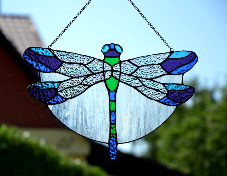 Stained glass suncatcher Dragonfly window hanging Mother's day gift Stained glass home decor Glass window pendant Unique handmade gift image 1