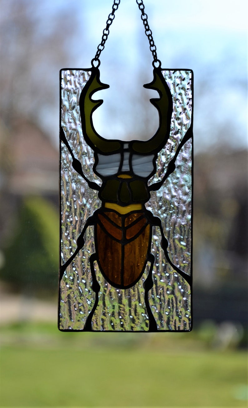 Stained glass window hanging Stag beetle suncather Glass bug Stain glass pendant Gift for him Wall decor Window sun catcher Nature style image 6