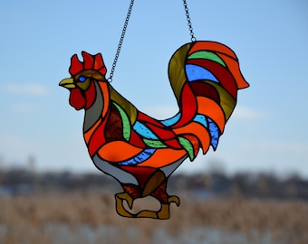 Stained glass window hanging Rooster suncatcher Stained glass art Garden decor Mother's day gift Window hanging  Glass decor Art glass