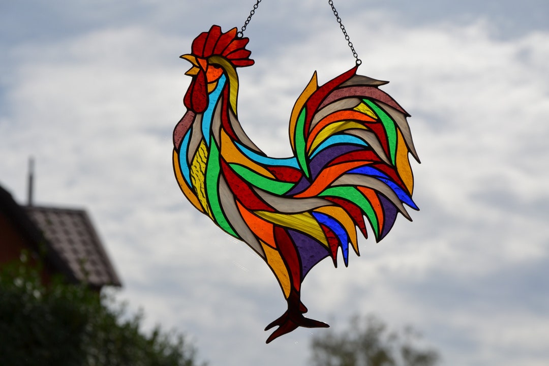 Stain Glass Suncatcher Rooster Window Hanging Handcrafted Gift Stained Glass Bird Garden Decor