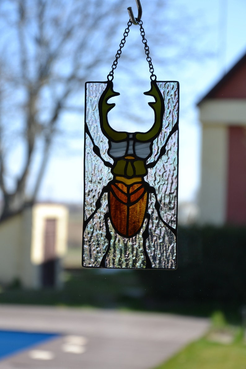 Stained glass window hanging Stag beetle suncather Glass bug Stain glass pendant Gift for him Wall decor Window sun catcher Nature style image 1