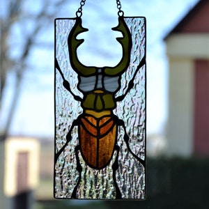 Stained glass window hanging Stag beetle suncather Glass bug Stain glass pendant Gift for him Wall decor Window sun catcher Nature style image 4