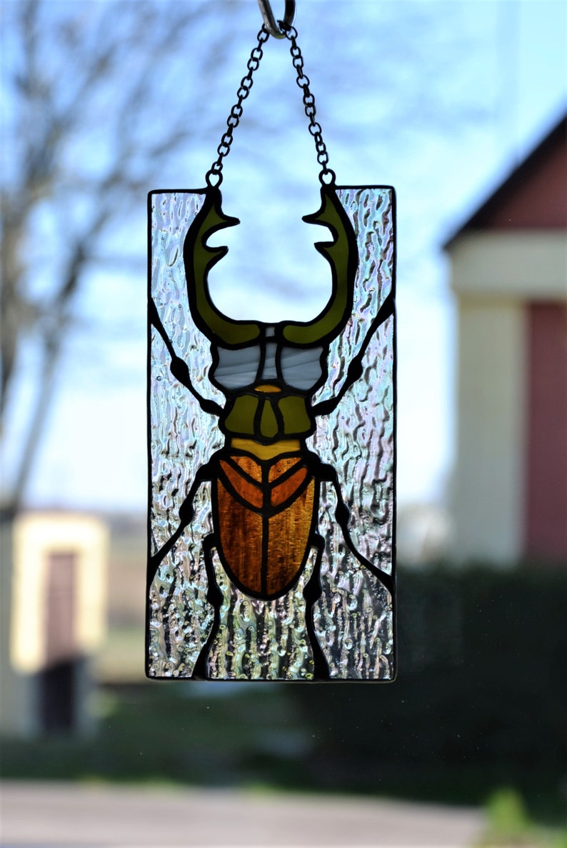 Stained glass window hanging Stag beetle suncather Glass bug Stain glass pendant Gift for him Wall decor Window sun catcher Nature style image 4