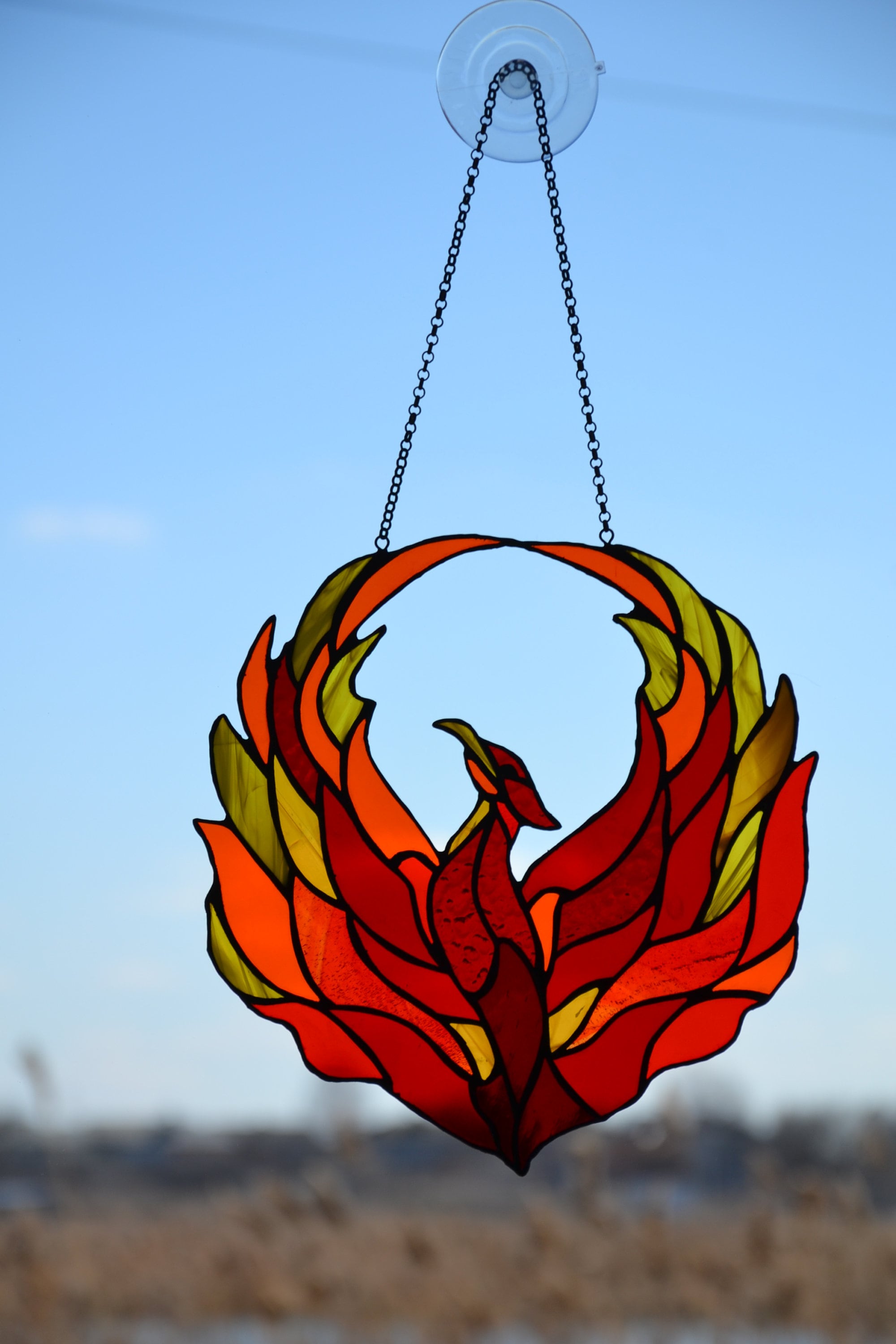 Handmade Red and Orange Feather Stained Glass Sun Catcher Phoenix Fire 