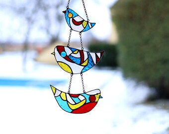 Stained glass birds Window hanging suncatcher Leaded glass Vibrant stained glass Hanging decor Multicolored glass birds Kitchen decor