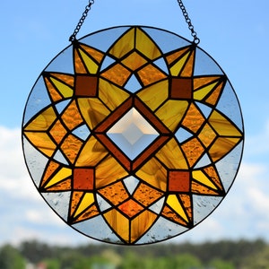 Stained glass suncatcher Honey mandala suncatcher Stained glass window hanging Glass art Mother&#39;s day gif Wall decor Xmas gift Sun glass