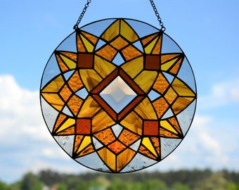 Stained glass suncatcher Honey mandala suncatcher Stained glass window hanging Glass art Mother's day gif Wall decor Xmas gift Sun glass