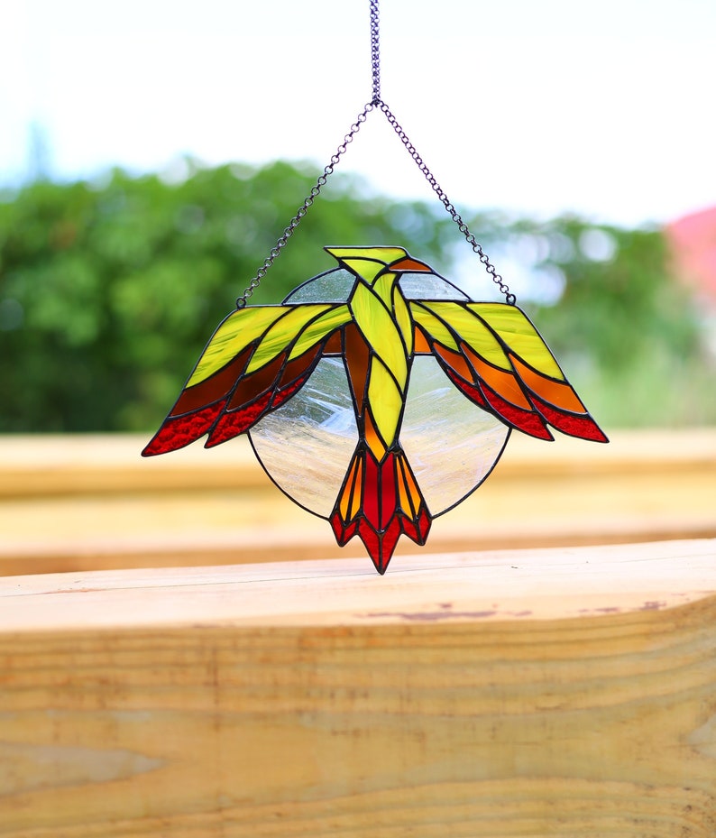 Thunderbird Stained glass suncatcher Gift for him Window hanging Bird suncatcher Mythical bird Stain glass decor Leaded lights Outdoor decor image 6