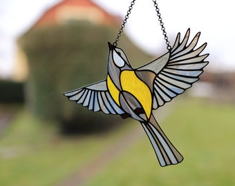 Stained glass suncatcher Flying titmouse Window hanging sun catcher Glass bird Handcrafted gift Wall decor Leaded lights Stain glass art