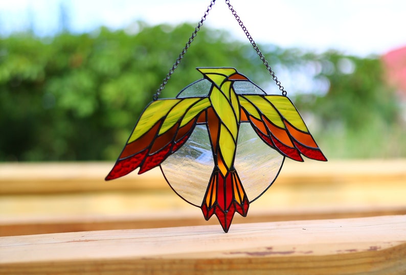 Thunderbird Stained glass suncatcher Gift for him Window hanging Bird suncatcher Mythical bird Stain glass decor Leaded lights Outdoor decor image 1