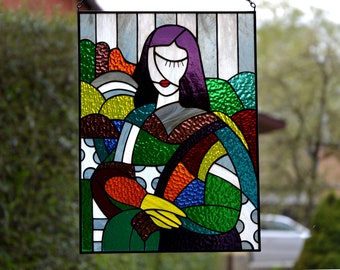 Stained glass panel Mona Lisa Stain glass window hanging Da Vinci painting Glass art Custom stained glass Living room decor Gift for Mom