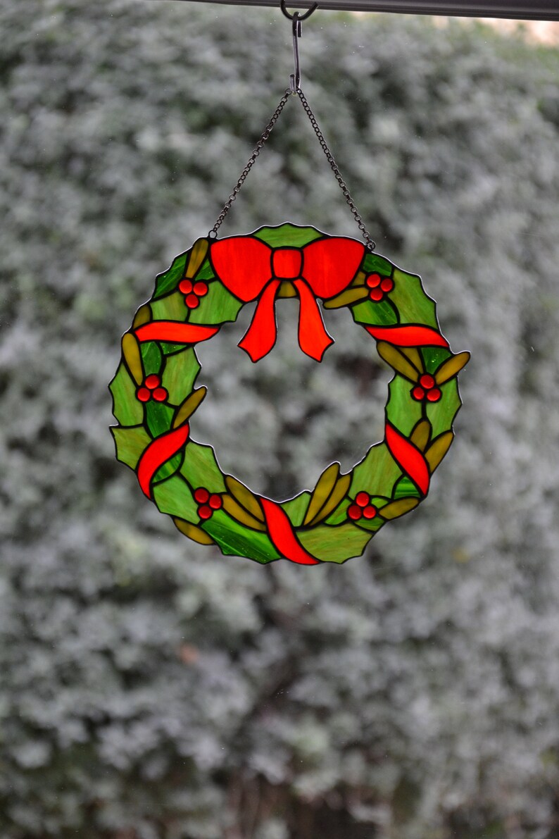 Christmas wreath suncatcher Stained glass window hanging Glass Etsy
