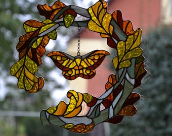 Stained glass window hanging Fall wreath Glass butterfly Kitchen decor Handcrafted gift Wall decor Stain glass pendant Garden glass art