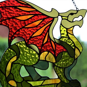 Red Winged Dragon Suncatcher Handmade Stained Glass Art Window hanging stained glass Rainbow maker Handcrafted gift Stain glass decor image 10