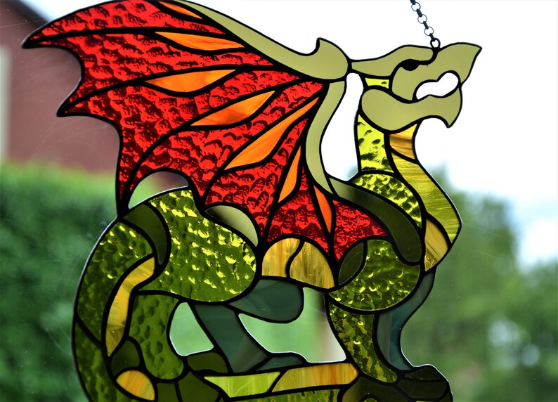 Red Winged Dragon Suncatcher Handmade Stained Glass Art Window hanging stained glass Rainbow maker Handcrafted gift Stain glass decor image 10