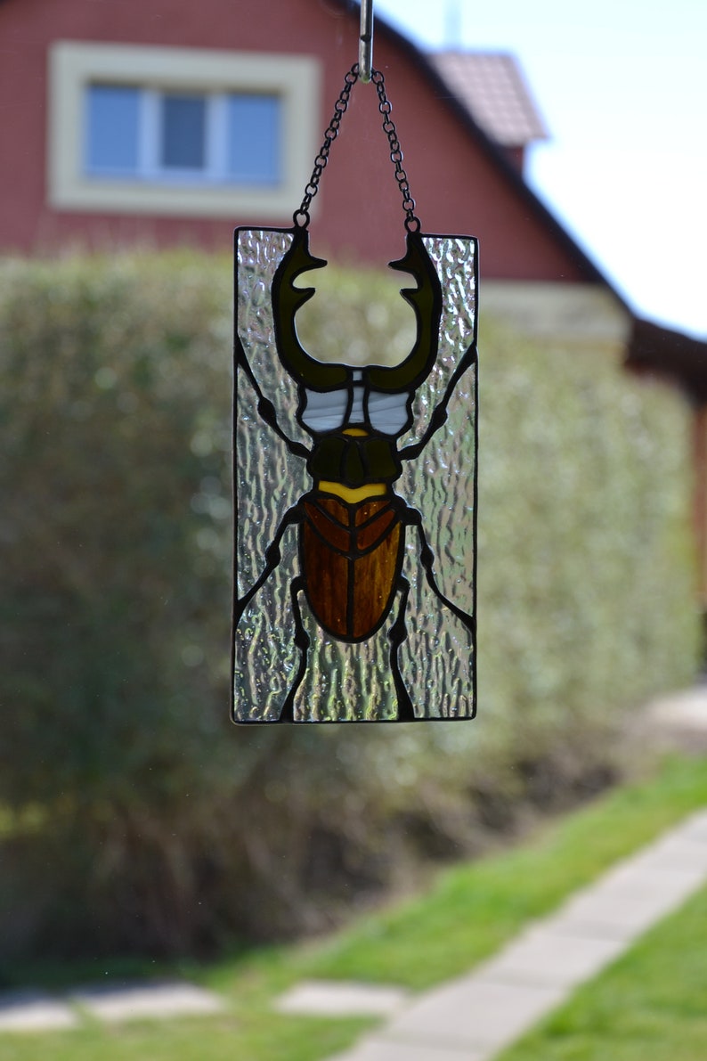 Stained glass window hanging Stag beetle suncather Glass bug Stain glass pendant Gift for him Wall decor Window sun catcher Nature style image 2