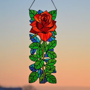 Suncatcher Stained glass rose Wall decor Stain glass panel Mother’s Day gift Window hanging suncatcher Red rose Glass flower Garden decor
