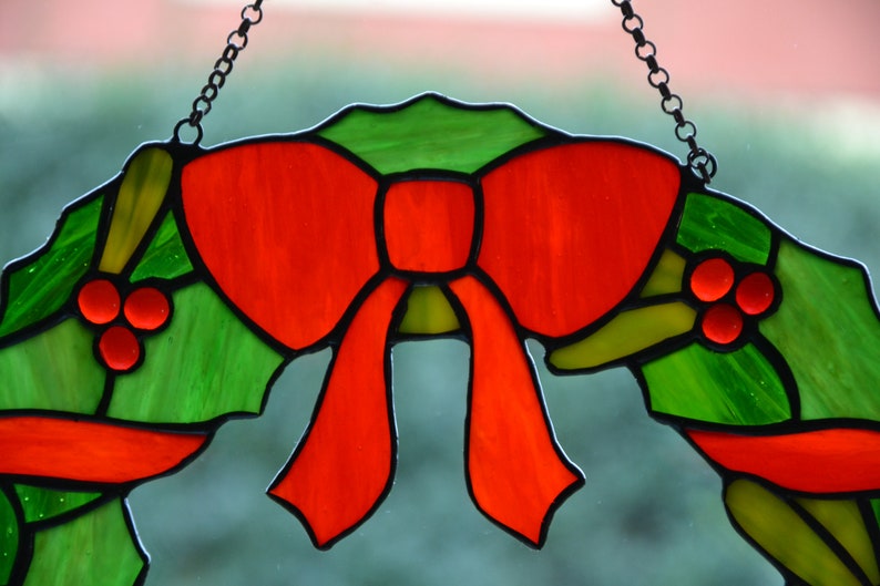 Christmas wreath suncatcher Stained glass window hanging Glass Etsy
