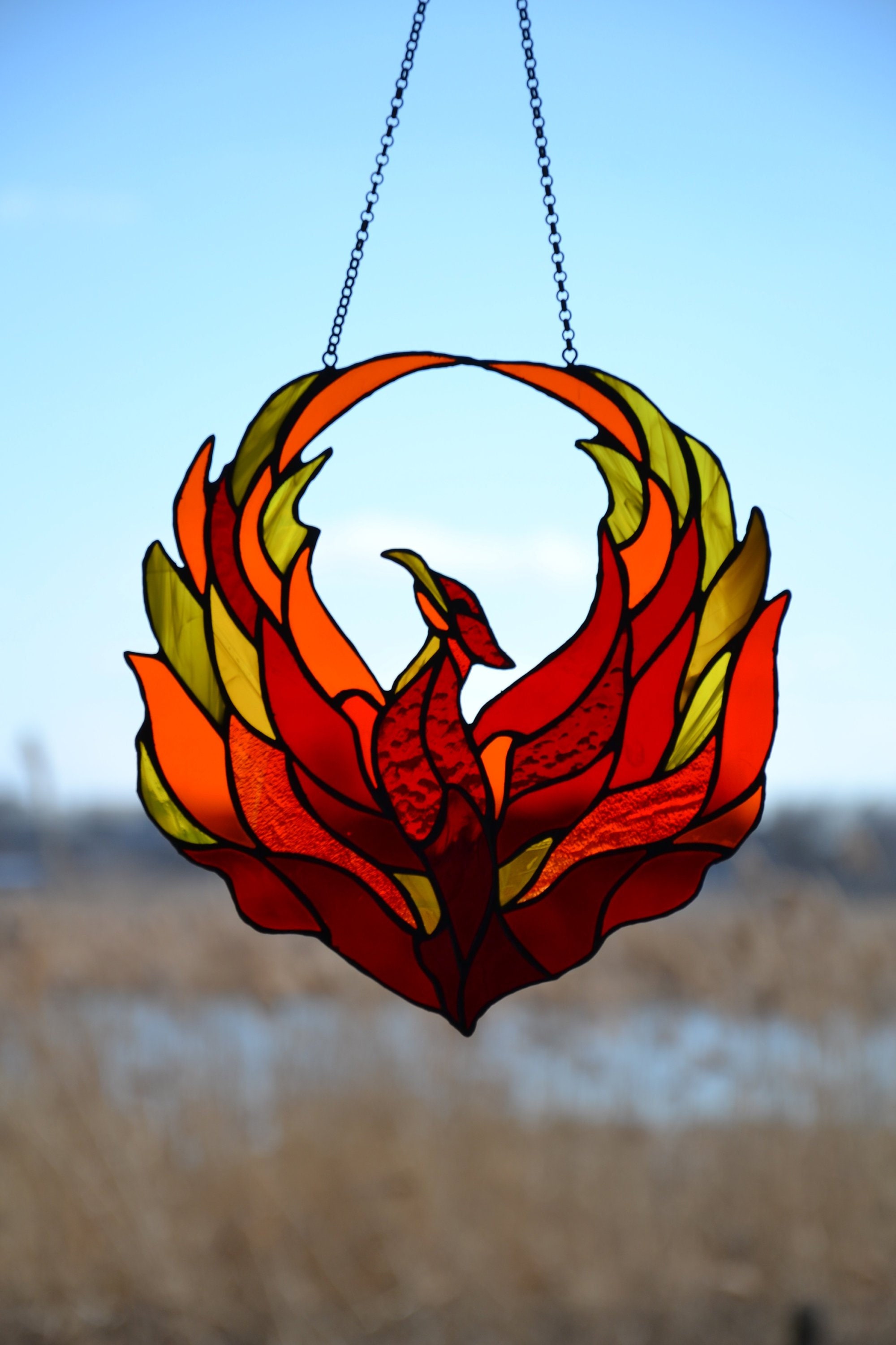 Stained glass Phoenix suncatcher Window hanging Flame suncatcher Firebird window decor Stain sun catcher Handcrafted gift Recovery symbol