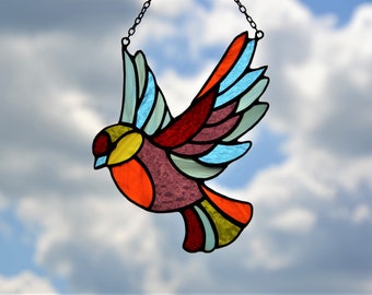 Attrape-soleil en vitrail Oiseau suspendu à une fenêtre, cadeau de Noël, décoration de jardin, art mural, pendentif en vitrail, moineau en verre, anniversaire