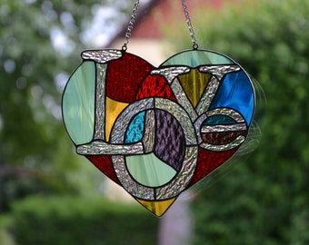 Stained glass window hanging Heart suncatcher Glass garden decor Love suncatcher Mother's day gift Christmas gift Unique handmade gift