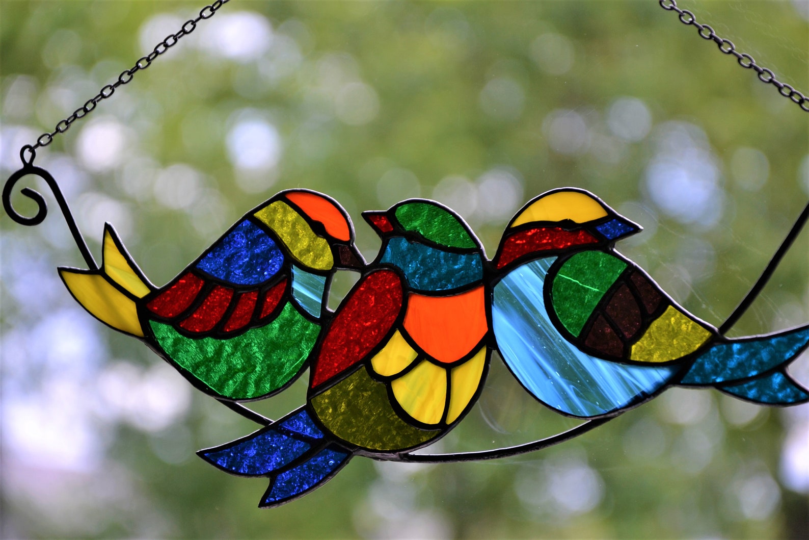Birds on a branch suncatcher Stained glass window hanging Etsy
