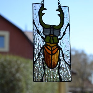 Stained glass window hanging Stag beetle suncather Glass bug Stain glass pendant Gift for him Wall decor Window sun catcher Nature style image 3