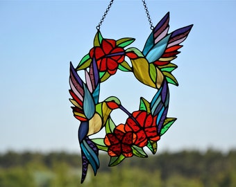 Stained glass suncatcher Hummingbirds and flowers wreath Leaded glass Stain glass window hanging Wall decor Living room decor Custom glass