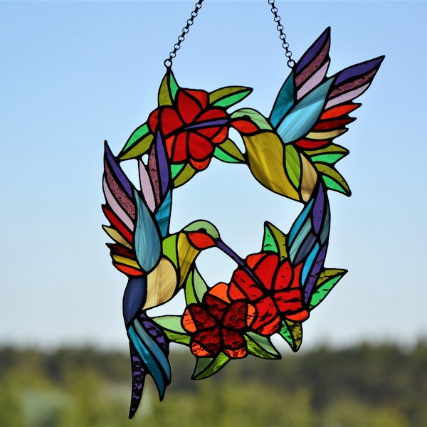 Stained glass suncatcher Hummingbirds and flowers wreath Leaded glass Stain glass window hanging Wall decor Living room decor Custom glass
