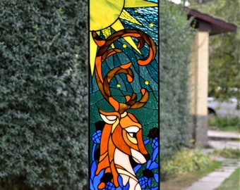 Stained glass panel Deer in thistle stained glass window hanging panel Leaded glass Handcrafted gift Home decor Stain Glass animals
