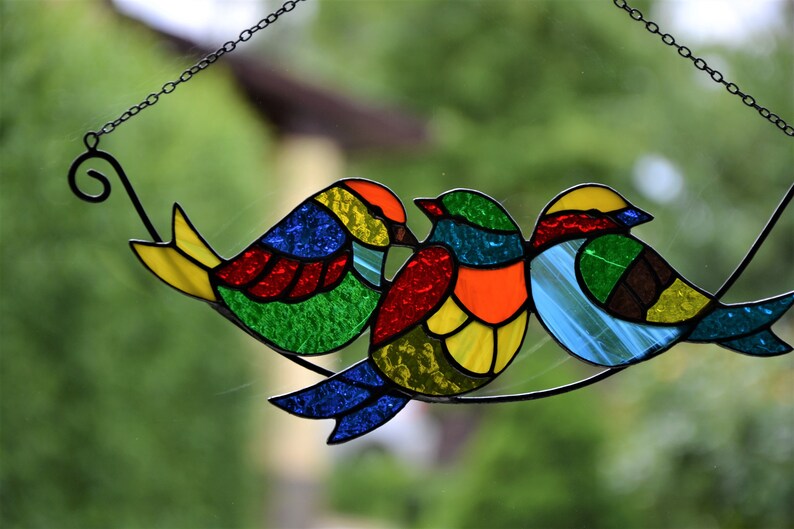 Birds on a branch suncatcher Stained glass window hanging Etsy
