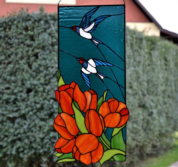 Spring stained glass panel Glass birds Glass flowers Tulips Etsy