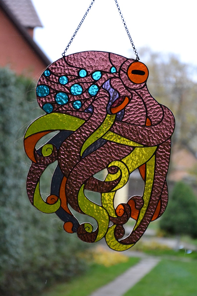 Octopus suncatcher Window hanging panel Stained glass animals Etsy