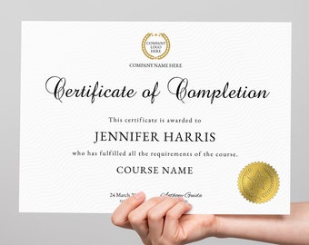 Editable Certificate of Completion Template Certificate of Achievement Printable Appreciation Recognition Awards Diploma Dedication