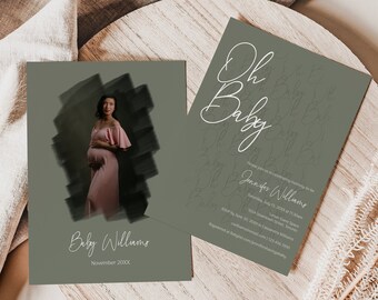 Sage Green Oh Baby Shower Invitation Template, Green Baby Shower Invite, Modern Baby Shower Invites, Printable, Editable, Scribble