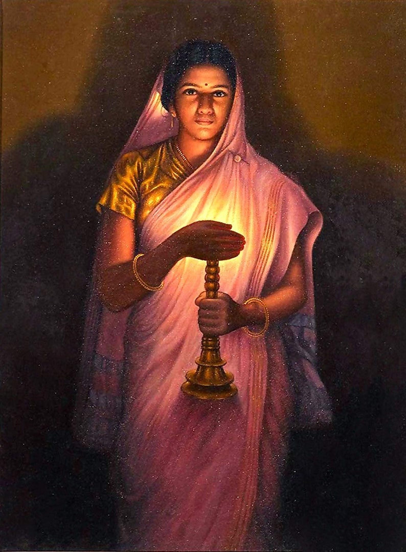 The Royal Lady With The Lamp Buy Lady With the Lamp Glow of Hope by Raja Ravi Varma Paintings Online