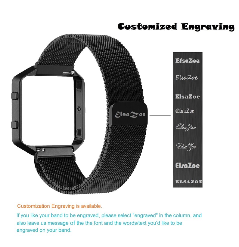K&ouml;nnte beinhalten: Schwarzes Metall-Armband mit einer personalisierbaren Gravur-Option. Das Armband ist mit dem Text "ElsaZoe" graviert abgebildet. Das Bild zeigt verschiedene Schriftarten f&uuml;r die Gravur.