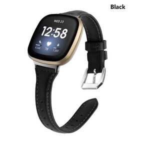 May include: Black leather watch band with a silver buckle, compatible with the Fitbit Sense and Versa 3 smartwatches. The band has a stitched design and a classic look.