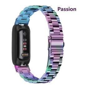 May include: A black fitness tracker with a multi-colored, rainbow-hued metal band. The band is made of linked metal pieces and has a clasp closure. The word "Passion" is written in a dark purple font.