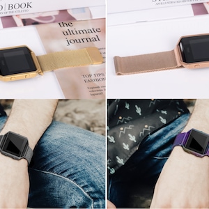 K&ouml;nnte beinhalten: Zwei Bilder einer Smartwatch mit schwarzem Bildschirm und einem Metallband. Das erste Bild zeigt die Uhr auf einer wei&szlig;en Oberfl&auml;che mit einem goldenen Band. Das zweite Bild zeigt die Uhr am Handgelenk einer Person mit einem violetten Band.