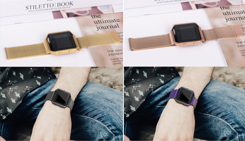 K&ouml;nnte beinhalten: Zwei Bilder einer Smartwatch mit schwarzem Bildschirm und einem Metallband. Das erste Bild zeigt die Uhr auf einer wei&szlig;en Oberfl&auml;che mit einem goldenen Band. Das zweite Bild zeigt die Uhr am Handgelenk einer Person mit einem violetten Band.