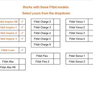 May include: Image showing a list of Fitbit models compatible with a product. The text reads "Works with these Fitbit models. Select yours from the dropdown." Compatible models include Fitbit Inspire HR, Inspire 1, Inspire 2, Inspire 3, and Luxe.