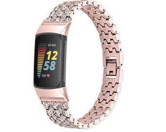 Correas para Fitbit Charge 6/5/4/3/2/SE, pulsera de acero inoxidable personalizada/grabada, ajustable, color plata, oro rosa y champán.